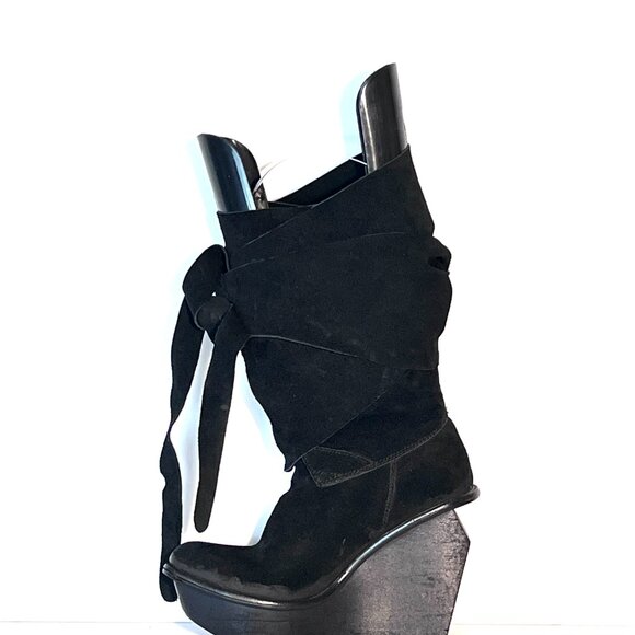 Jeffrey Campbell Black Suede Wedge Adjustable Wrap Boots Sz 8 - Picture 10 of 15